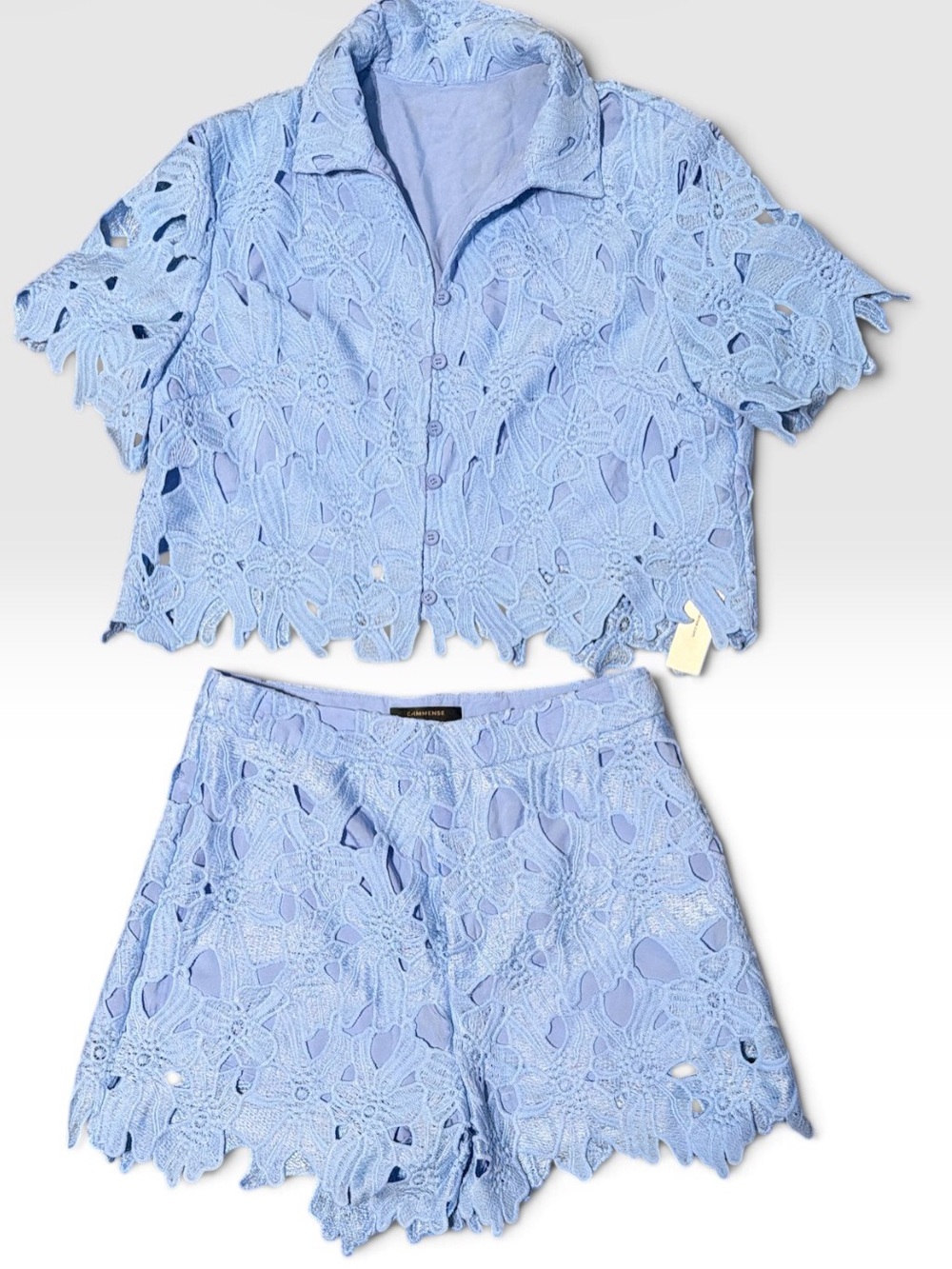 Commense Light Blue Floral Crochet Two-Piece Set